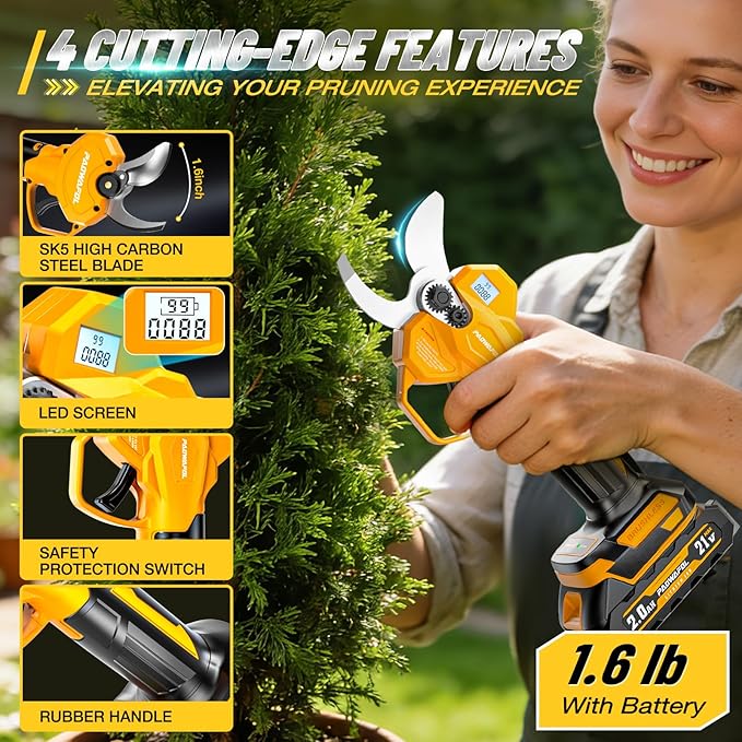 1.6"/ 41mm Electric Pruning Shears, Cordless Electric Scissors LCD Display＆SK7 Blades, 21V Brushless Motor Branch Cutter with 2 PCS Rechargeable 2000mAh Batteries & 2 Blades (Yellow)