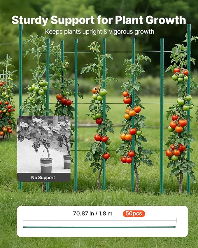 VEVOR Garden Stakes, 50 Pack, 70.87 inch, Plastic Coated Metal Tomato Stakes, Garden Sticks for Plants Support, with Pointed End and Non-Slip Bumps for Growing Climbing Plants, Outdoor Vegetables
