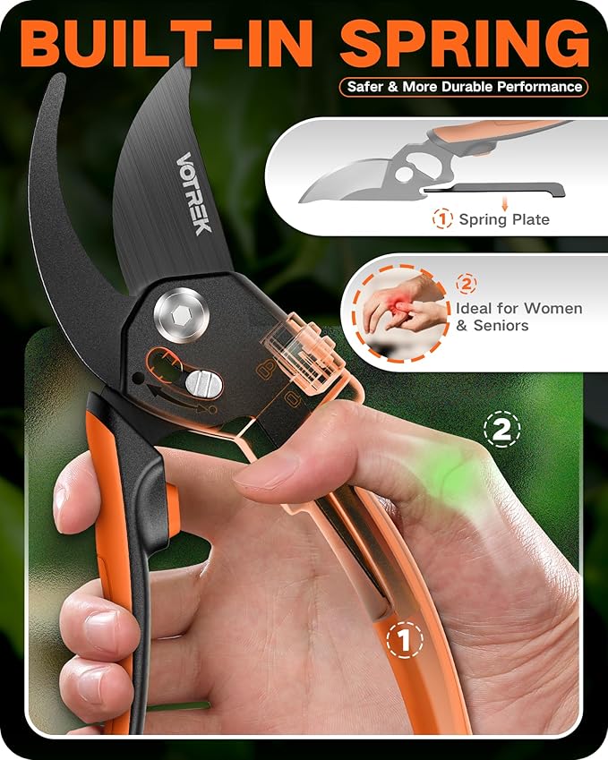VOTREK 8.5" Pruning Shears for Gardening, 【Unique Stepless Handle Opening】Professional Bypass Garden Clipper, Heavy Duty Plant Pruners for Branch 【SK5 Steel Blades】【Built-in Spring】【All Hand Sizes】