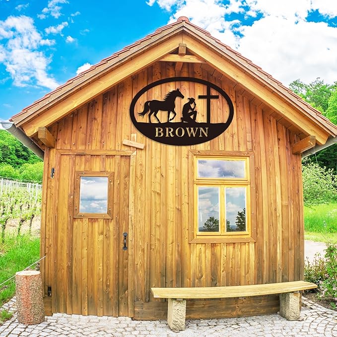 Personalized Metal Sign Custom Praying Cowboy or Cowgirl With Horse Kneeling at Cross Name Western Wall Art Faith Decor Gift