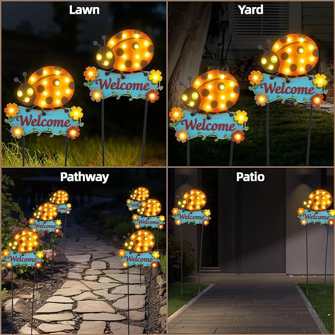 Garden Stakes Decorative 43.3inch with Large Metal Welcome Sign, Solar Pathway Lights Outdoor Waterproof with 18 String Bulbs for Spring and Summer Decor, Ladybug Lawn Ornaments