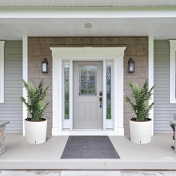 CABIHOME Self-Watering Planters Set of 2, 19.5 Inch Tall with Drainage, Water Monitor & Wheels, High Circular Flower Pot, Easy Move, Indoor Outdoor Pots for Porch, Living Room & Office, White