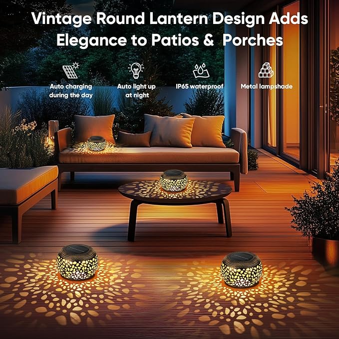 Solar Lanterns Waterproof Outdoor Decor: 2 Pack Hollow Out Retro Metal Solar Lights, Unique Gardening Gifts for Women Mom, Outside Garden Yard Porch Lawn Indoor Tabletop Decorations, 2 Lighting Colors
