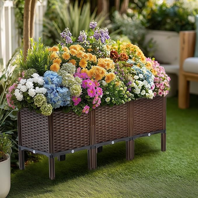 TooCust Rattan Raised Garden Bed with Legs-Large Self Watering Rectangular Elevated Planter Box 47" L x 16" W x 20" H, Deep Outdoor Garden Beds for Vegetables, Flowers, Herbs, Patio & Balcony