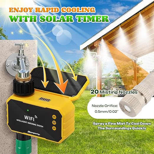 Moongiantgo Outdoor Misting Cooling System with Solar WiFi Water Timer, Misters for Outside Patio with 65.5FT(20M) Water Pipe+20 Misting Nozzles 0.02’’, Mister System for Outside Patio Garden Beaches