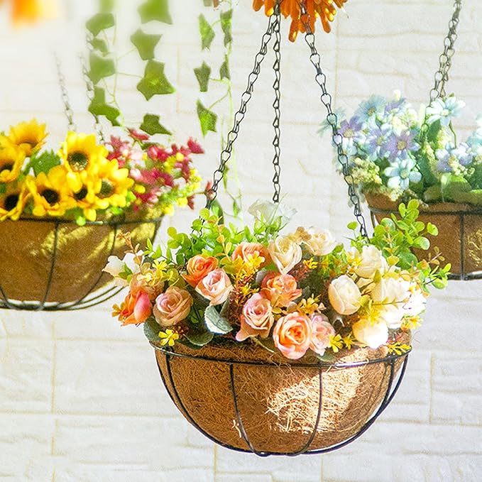 Outdoor Metal Hanging Planters Basket (4pack, 14 inch) Hanging Baskets for Plants Chain Round Wire Plant Holder with Coco Fiber Liners for Garden, Patio, Deck, Porch(Flower Border)