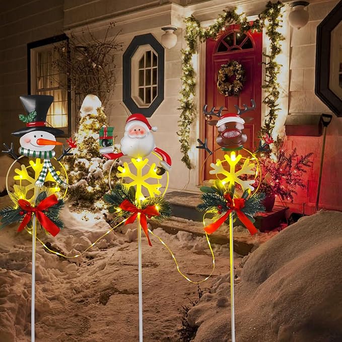 Christmas Yard Stakes Solar with Metal Santa, Snowman & Reindeer Set of 3, Christmas Grave Decorations with Solar String Lights for Outdoor Cemetery, Garden, Pathway, Porch