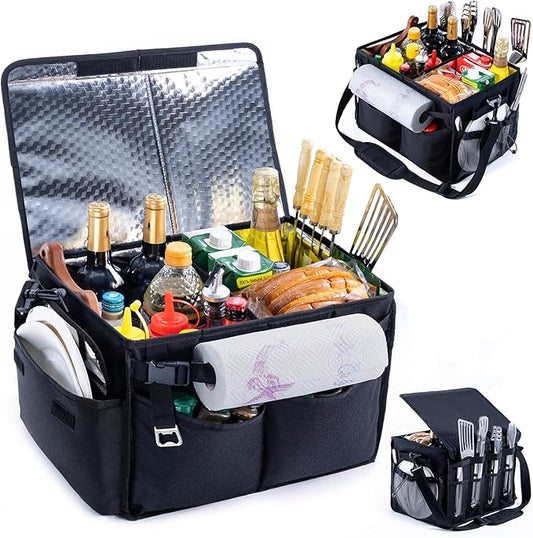 FRECOLSH Large Grill Caddy with Lid – BBQ Organizer for Camping, Tailgating, RV, Boating – Grilling Gifts for Men – Collapsible Griddle Tote Bag with Shoulder Strap – Outdoor Essentials