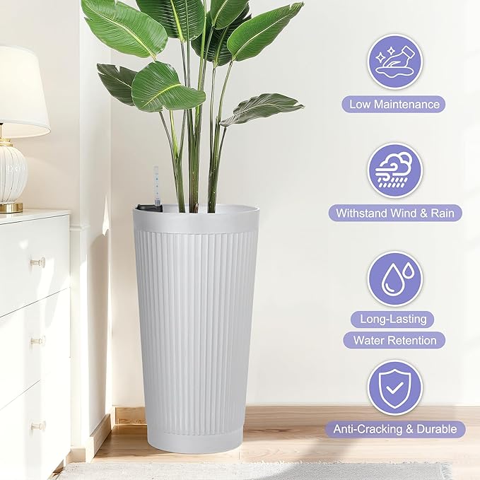 24in Tall Self-Watering Planters Set of 2 - White Flower Pots with Water Level Monitor, Non-Toxic Plastic Planters for Indoor Outdoor Patio, Porch, Living Room, Home Office