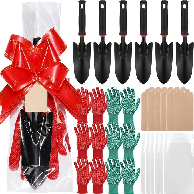 Therwen 12 Pcs Christmas Shovel Gloves Gifts Set with Bag Bow Tie Blank Tags Heavy Duty Garden Hand Shovel Anti-Slip Dots Gloves for Yard Lawn Farm Planting Tool Christmas Spring Planting Lover Gifts