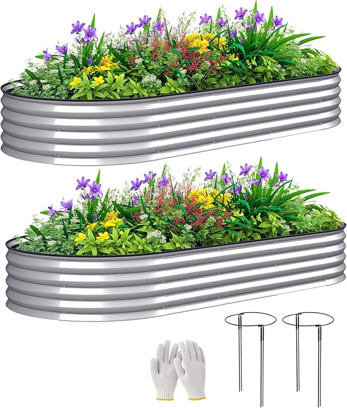 Outsunny 2PCS Galvanized Raised Garden Bed, 7' x 3' x 1' Raised Beds for Gardening with Plant Support Stakes, Rubber Strap Edging and Gloves, Metal Planter Box for Vegetables, Flowers, Silver