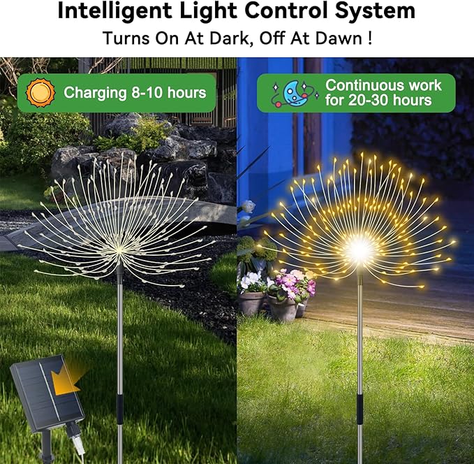 Solar Garden Lights Outdoor Waterproof, 4 Pack Total 480 LED Solar Firework Lights Decorative with 8 Lighting Modes Outside for Yard Pathway Flowerbed Decor, Warm White