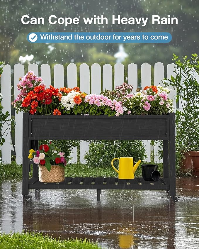 YEFU Raised Garden Bed with Legs: 57x18x30in Weight Capacity 400lb - Waterproof Raised Planter Box with Wheels - Elevated Garden Bed with Storage Shelf - Weather Resistant - for Deck/Patio/Porch/Black