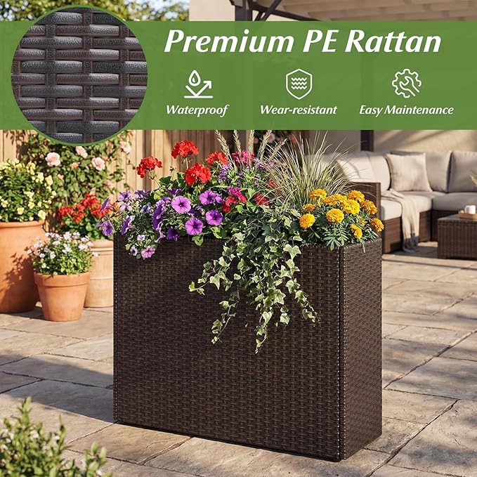 Giantex Set of 2 Wicker Raised Garden Bed, 32”x11”x24”, Rectangular Garden Planter Box w/PE Rattan, Liner Fabric, Wicker Patio Elevated Raised Bed for Vegetable Flower Herb Porch Balcony