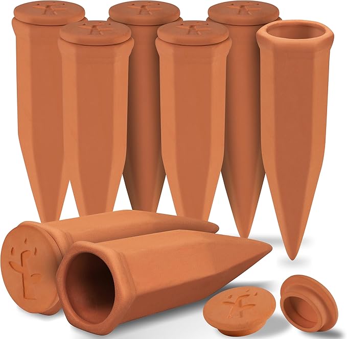 Large Terracotta Watering Spikes with Lids, Automatic Plant Waterer Outdoor | Indoor, Vacation Friendly Clay Plant Watering Devices System, Slow Release Self Watering Planter Insert, 8 Pack