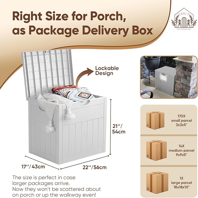 EHHLY 33 Gallon Deck Box, Small Outdoor Storage Box Waterproof, Lockable Secure Package Bin Delivery Box for Outside Front Porch, Patio Cushions Storage Box, Delivery Driver Snack Box for Porch, White