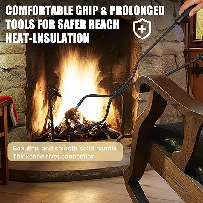 Fireplace Tool Set 5 PCS Black Wrought Iron Fire Tools Set Outdoor/Indoor, Large Fireplace Accessories Kit with Stand, Fire Poker, Shovel,Tongs for Indoor Modern Chimney, Wood Stove (Black)