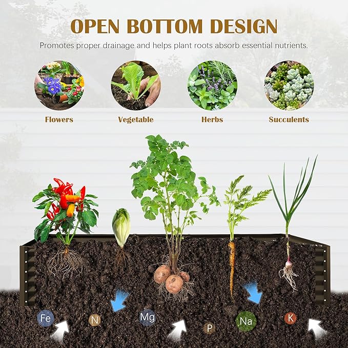 Domi 6x3x1.5ft Metal Raised Garden Beds Outdoor, Thickened Galvanized Steel Deep Root Planter Box with Stabilizing Bars & Rubber Edging for Vegetables, Flowers, Herbs - Brown
