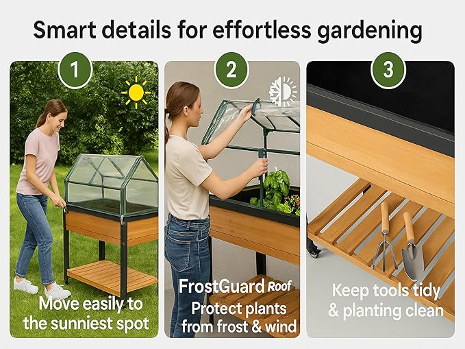 GOJ Raised Garden Bed Wood 48x24x32 inch with Greenhouse & Lockable Wheels - Elevated Wood Planter Box for Outdoors Vegetable Flower Bed Herb Planter - 400 lbs Capacity