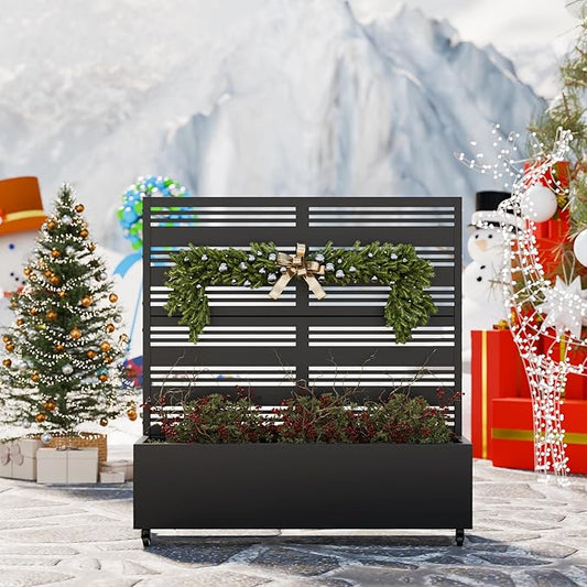 Casaphoria Metal Raised Garden Bed with Trellis and Wheels, 47"x47"x16" Planter Box for Climbing Plants, Vegetables & Vines, Features Drainage Holes and Privacy Screen (Black-Harold)
