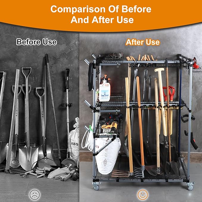 QTJH BIG Garden Tool Organizer with Wheels - Rolling Storage Rack - Multifunctional Cart