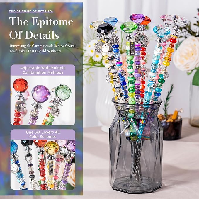 513Pcs DIY Beaded Garden Stakes, Fairy Wand Kit Garden Stakes Decorative with 18 Threaded Rod, Crystal Top, Large Holes Bead for Christmas Plants Garden Outdoor&Indoor Decorative（12IN）