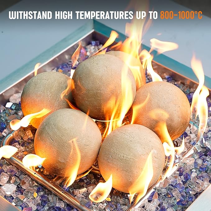 Stanbroil Ceramic Balls - 5” Round Fire Stones for Fire Pit Fire Bowl and Fireplace - Set of 6, Beige