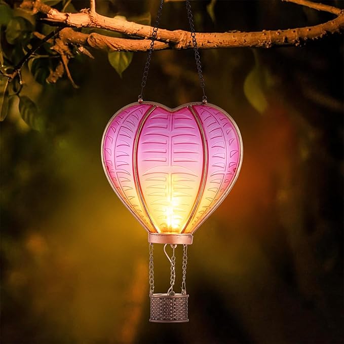 TERESA'S Collections Hot Air Balloon Solar Lantern for Garden , Flickering Flame Hanging Solar Lights,Heart Shape Lantern for Anniversary Wedding Decor