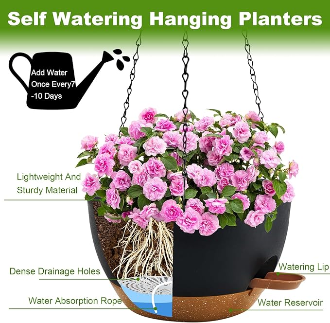 12 inch Hanging Planters for Indoor Plants, 2 Pack Self-Watering Hanging Planter Pots with Chain and Drainage Holes, Outdoor Plastic Hanging Baskets for Garden Home Decor
