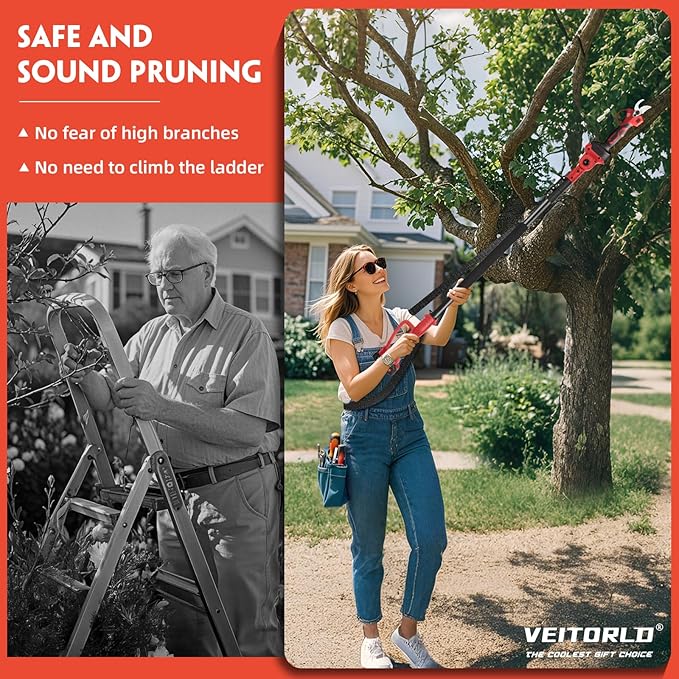 VEITORLD 2-IN-1 Cordless Electric Pole Pruning Shears, 15ft Reach, 1.2" Cutting Diameter, Battery Powered with 2x 2000mAh, Brushless Motor for Efficient Garden Tree Trimming, Branch Cutting（Red）
