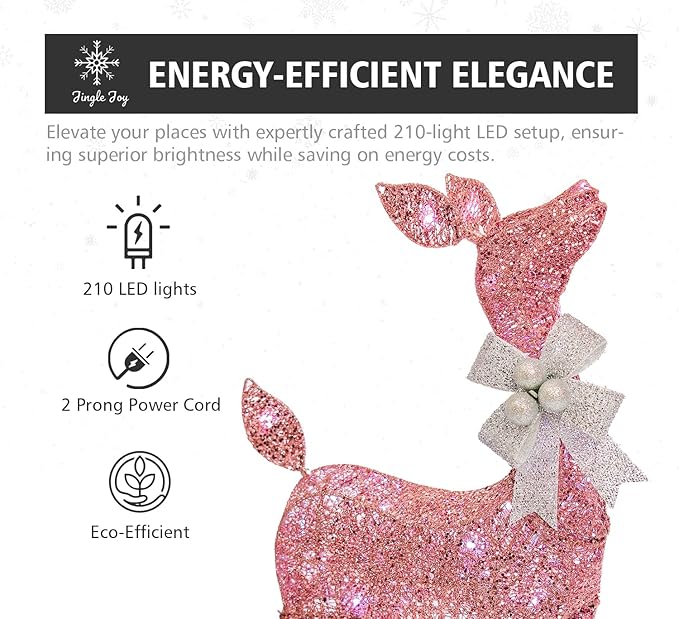 Jingle Joy 5ft Twinkle Lighted Outdoor Deer Set with LED Lights – 3-Piece Reindeer Family Decor for Yard Display – Weather-Resistant Holiday & Valentine's Day Decoration (Pink)