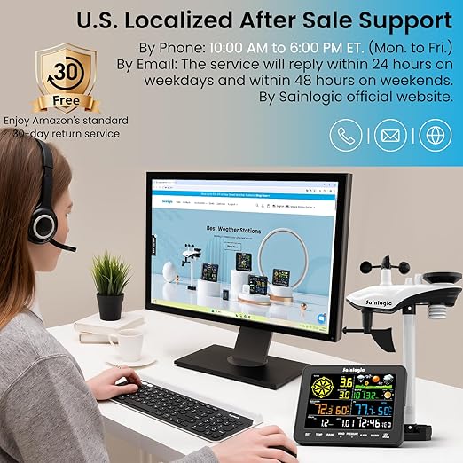 Sainlogic Weather Stations Wireless Indoor Outdoor SA6, Weather Station with Rain Gauge and Wind Speed, Weather Forecast, Temperature, Air Pressure, Humidity, Moon Phase, Alarm Clock(No WiFi)