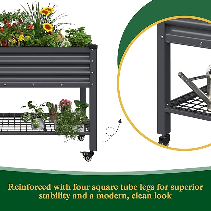 VEIKOU 48 x 24 x 34in Galvanized Steel Raised Garden Bed for Outdoor with Shelf and Casters, Drainage Holes, Steel Planter Box for Gardening Vegetable Flower Herb, 507 lbs Capacity, Gray