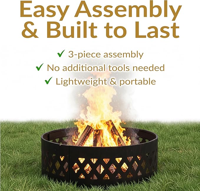 Sunnydaze 36-Inch Outdoor Fire Pit Ring with Poker - Round Heavy-Duty Steel Fire Ring for Camping or Backyard - Crossweave - 12" H
