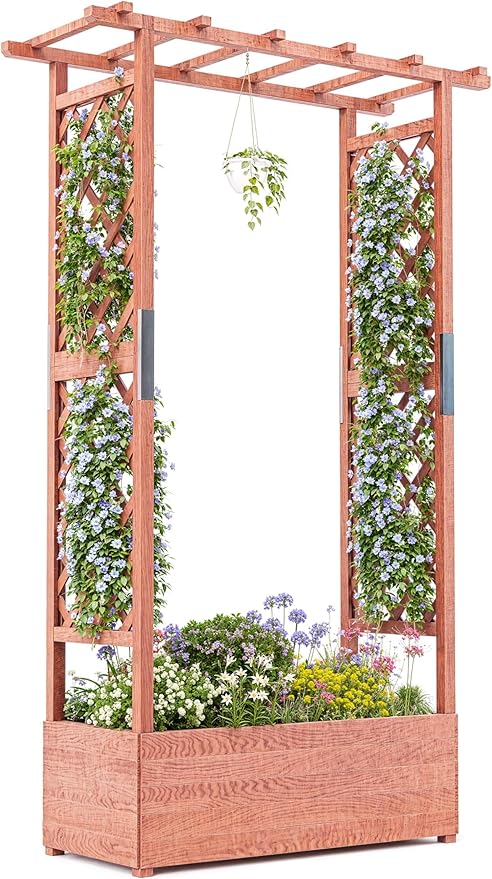 Raised Garden Bed with Trellis, Wood Planter Box with Hanging Roof & Drainage, Elevated Garden Bed for Climbing Plants, Vegetables, Flowers