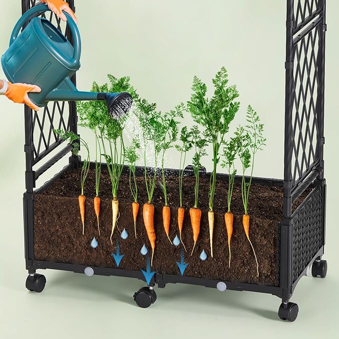 lalahoni Planter with Trellis, 4.6ft Trellis Planter Self-Watering Box with Wheels Outdoor Plants Tomato Flower Vegetable Herb Garden Patio Balcony Indoor, Plastic Raised Bed Trellis Drainage Hole