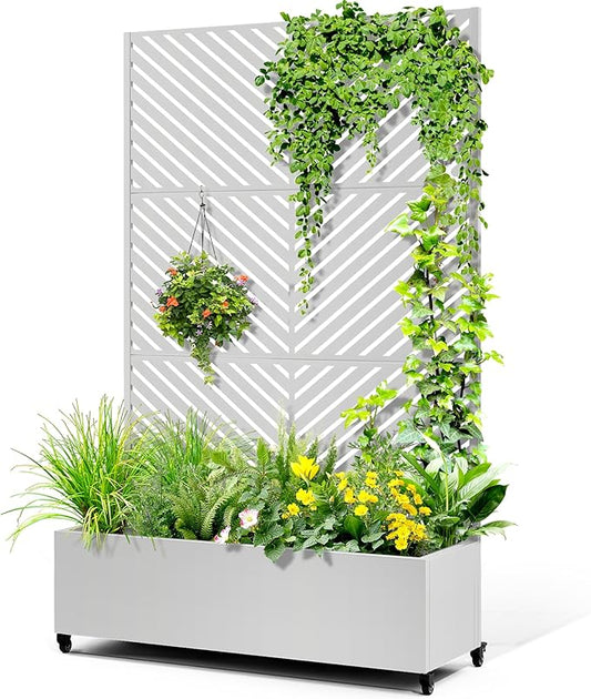 Metal Raised Garden Bed with Trellis, 2-in-1 Planter Box & Privacy Screen for Climbing Plants, Outdoor Standing Flower Bed with Drainage Holes, 47.2" L x 16.7" W x 70.8" H, White-Parallel