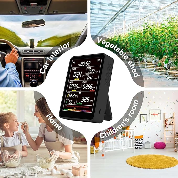 Professional Indoor Air Quality Monitor with AQI, Portable Real-Time Detector for Home Cars Plants and Pets (Black)