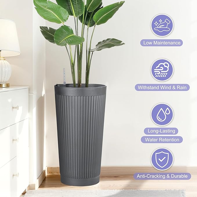 24in Tall Self-Watering Planters Set of 2 - Grey Flower Pots with Water Level Monitor, Non-Toxic Plastic Planters for Indoor Outdoor Patio, Porch, Living Room, Home Office