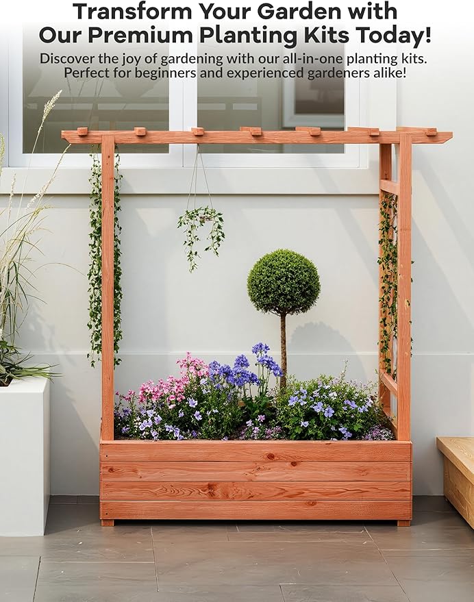 Raised Garden Bed with Trellis, Wood Planter Box with Hanging Roof & Drainage, Elevated Garden Bed for Climbing Plants, Vegetables, Flowers