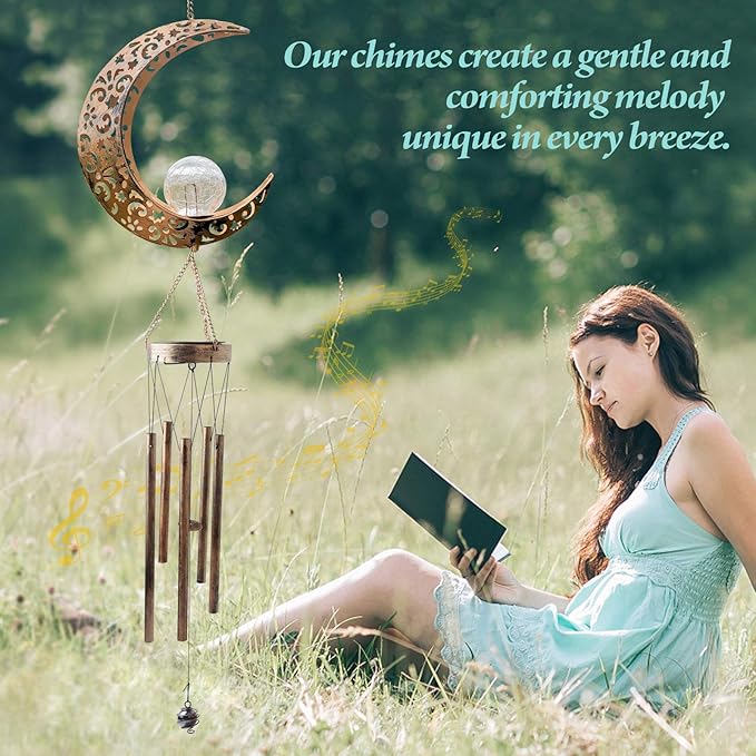 Moon Solar Lights Wind Chimes for Outside Gift for Women Gifts for Mom Grandma Birthday Gifts Large Moon Decor Windchimes Outdoors Gardening Gift for Outdoor Patio Yard Porch Solar Moon Night Lights