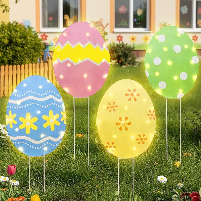 EAMBRITE Easter Decorations Outdoor Easter Egg Egg Lights, 3-in-1 Lighted Eggs Stake/Hanging/Table with Timer for Yard Signs, Lawn, Home, Pathway, Garden, Spring, Indoor Outside Decor