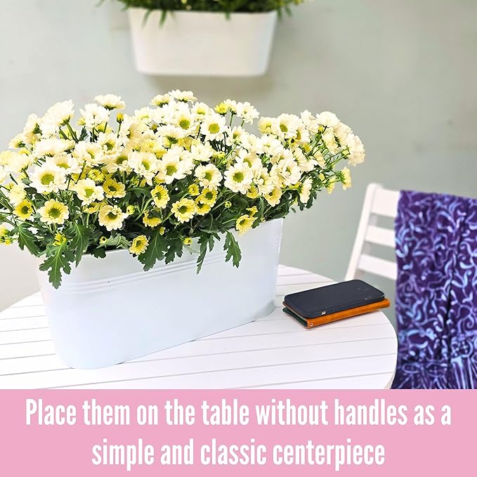 LaLaGreen Planter Boxes for Outdoor (6 Pack, 17 Inch) White Metal Deck Railing Hanging Flower Pots, Large Window Box Plant Holder Hooks Fence Rail Buckets Modern Herb Boho Style Wall Mount Porch Decor