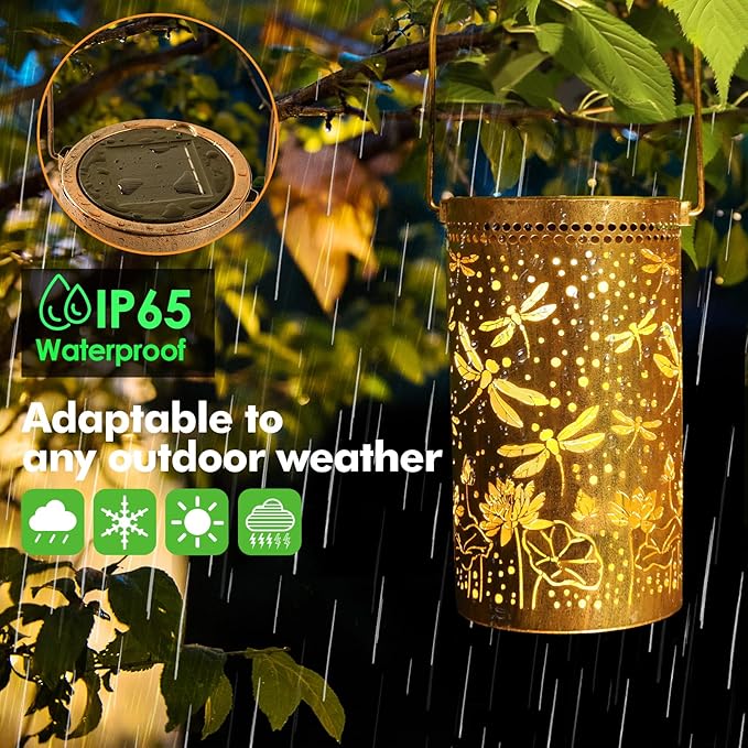 Fabuday Dragonfly Gifts Outdoor Solar Lantern Waterproof - Hanging Solar Power 8 Color Light Led for Outside, Garden Decor for Patio, Porch, Balcony, Yard and Deck, Gardening Gifts for Women 2 Pack