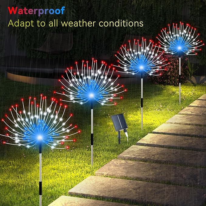 Solar Garden Lights Outdoor, 4 Pack Total 480 LED Solar Firework Lights Decorative 4th of July Decoration, Outdoor Waterproof Lights for Outside Yard Garden Pathway Decor