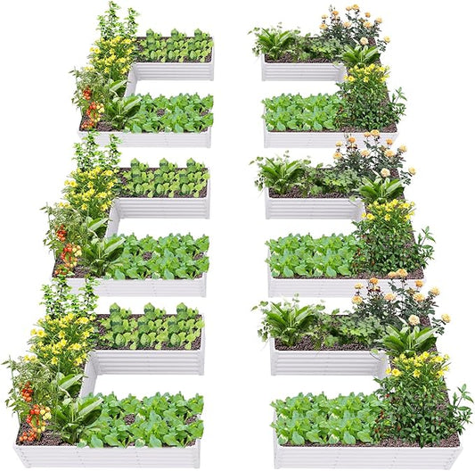 A ANLEOLIFE 6 Set U-Shaped Galvanized Raised Garden Beds Outdoor,6x6x1.5ft Large Metal Planter Box for Planting Vegetables Flowers Herb, Anti-Rust & Easy-Setup, Antique White