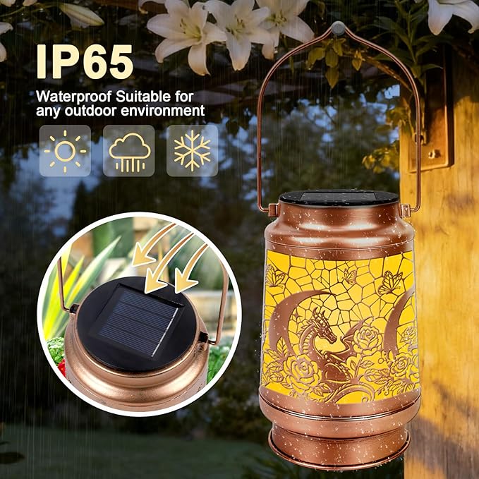 Dragon Gifts for Women Men - Floral Dragon Solar Lanterns Outdoor Waterproof, Dragons Decor Hanging LED Solar Lights for Garden, Birthday Christmas Mother's Day Father's Day Housewarming Gift