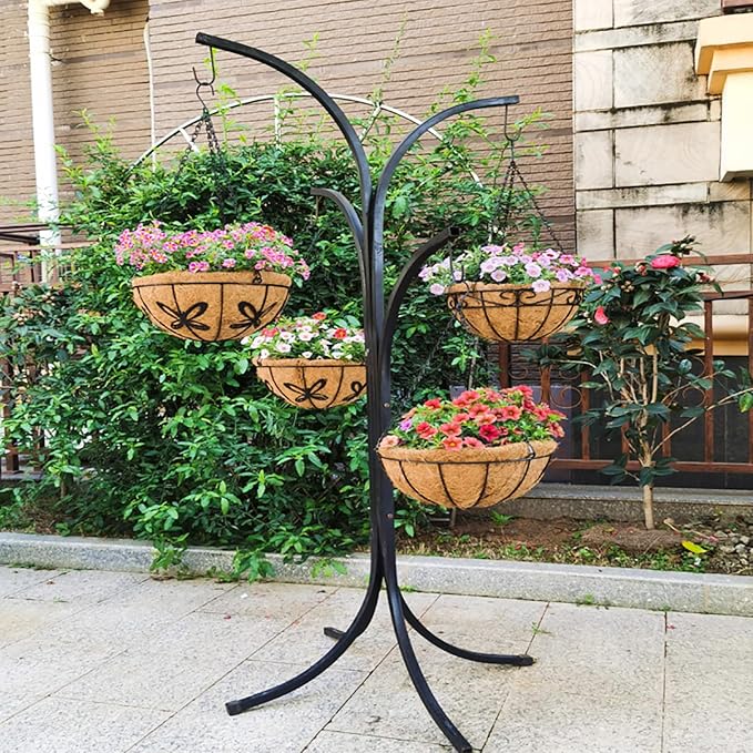 Outdoor Metal Hanging Planters Basket (4pack, 14 inch) Hanging Baskets for Plants Chain Round Wire Plant Holder with Coco Fiber Liners for Garden, Patio, Deck, Porch(Flower Border)