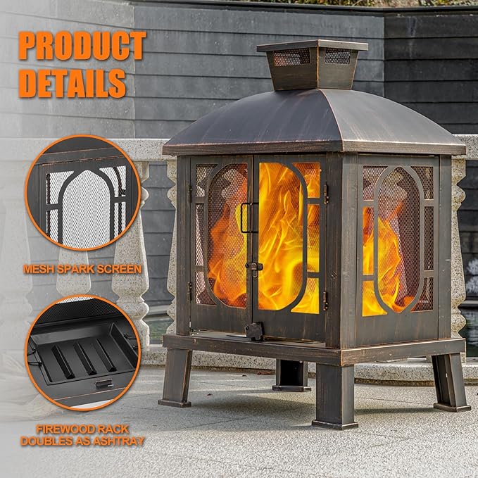 45" H×31''W Metal Chiminea Fire Pit with Grill, Wood Burning Fire Pits for Outside,Square Chimineas Fireplace with Mesh Spark Screen Door& Fire Poker for Garden,Yard,BBQ,Bonfire (Black&Gold)