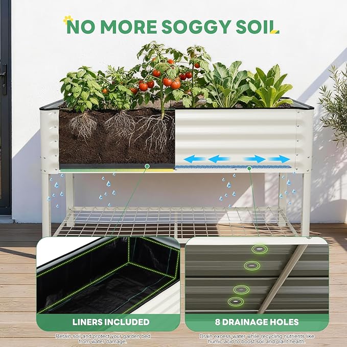 STBoo Elevated Raised Garden Bed with Legs and Wheels- 48''x24''x32'' Galvanized Metal Standing Planter Boxes Outdoor with Bottom Storage Shelf for Backyard, Patio, Balcony, Vegetables, Flowers, White